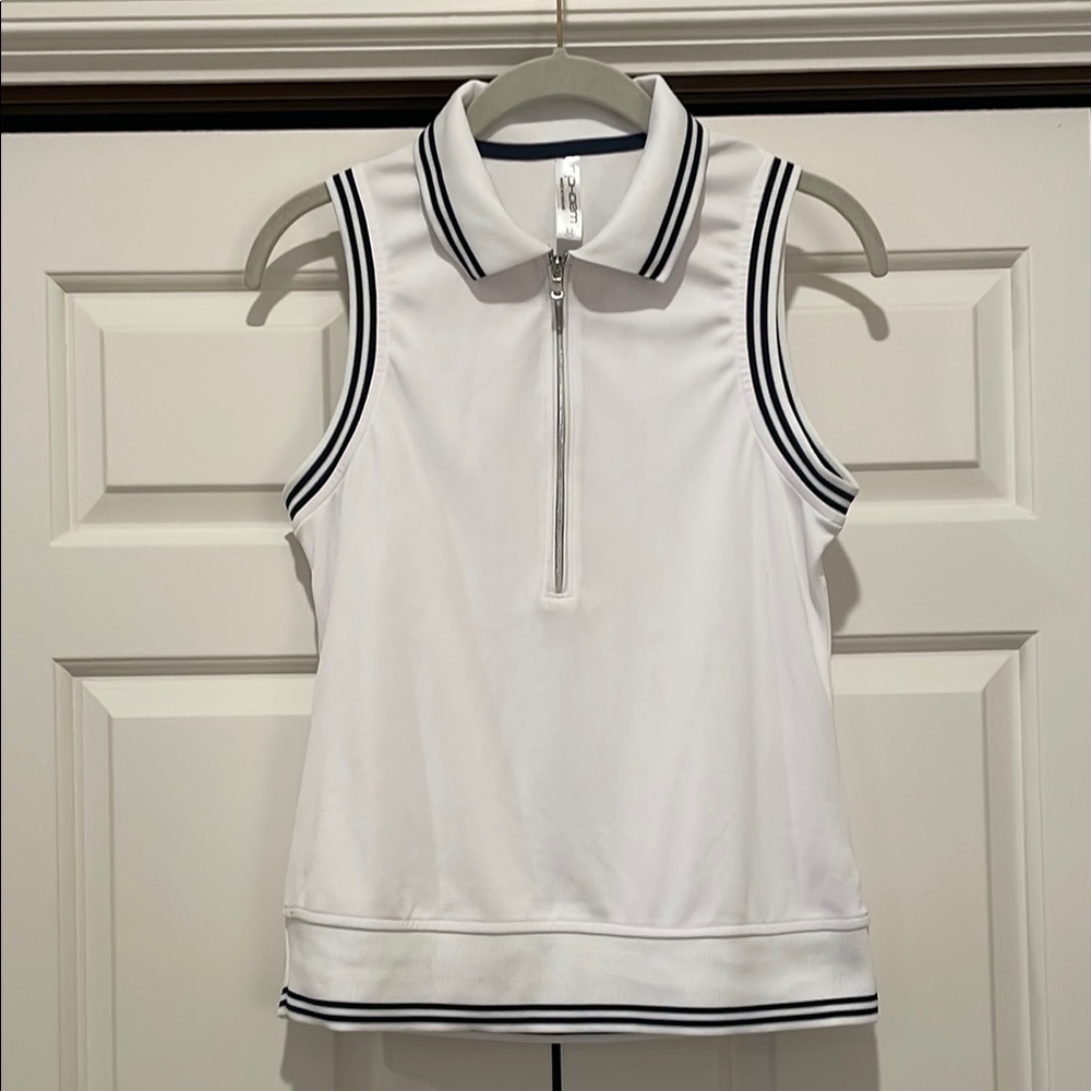Golf/tennis/pickleball -INPHORM White Sleeveless Polo Shirt with Black Stripes.